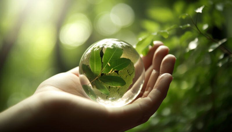 Human hand holding green leaf symbolizing environmentalism generated by AI